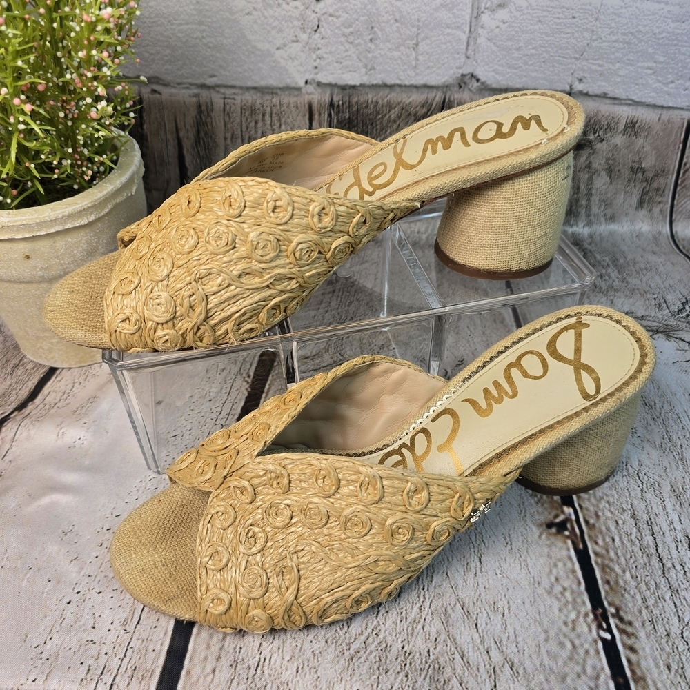 Sam Edelman Natural Tan Raffia Braided Block Heel Mules - Picture 3 of 10